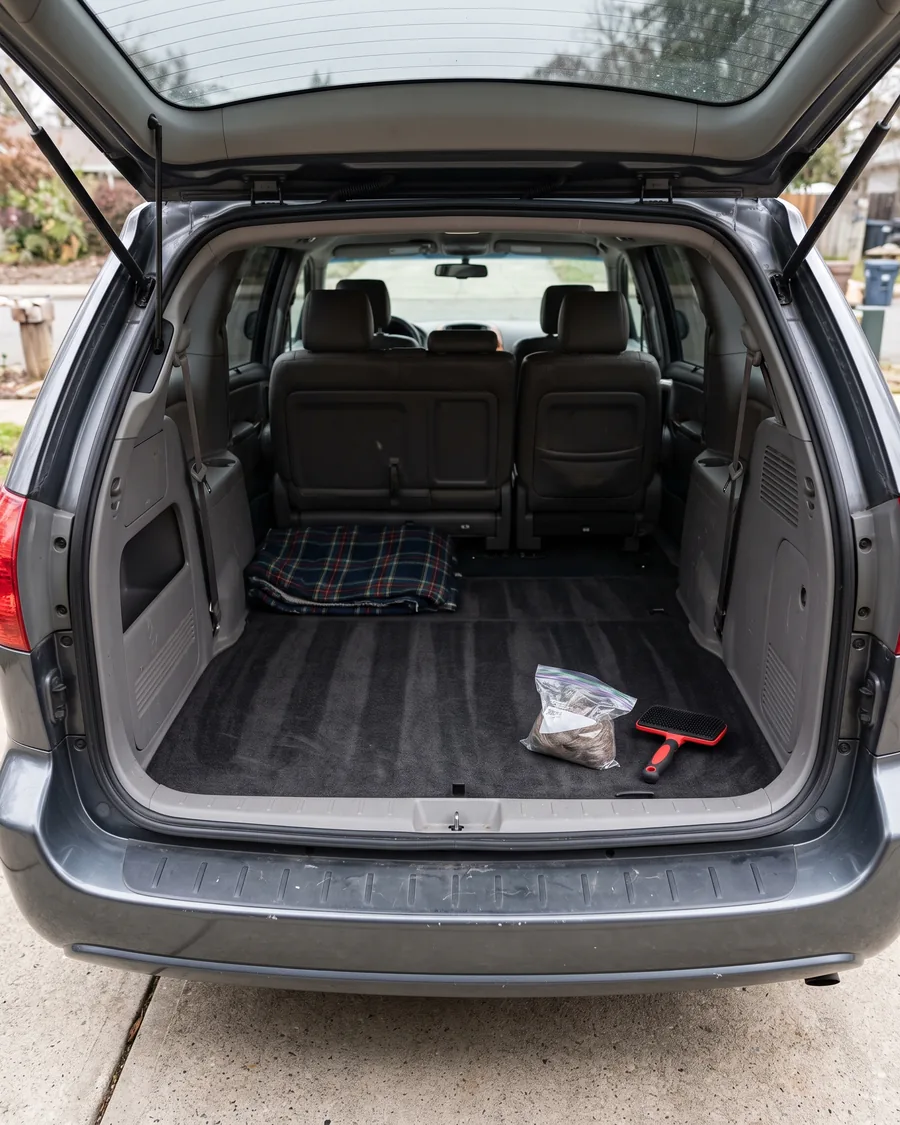 The clean cargo area of a minivan, carpet brushed free of dog hair, a folded plaid blanket