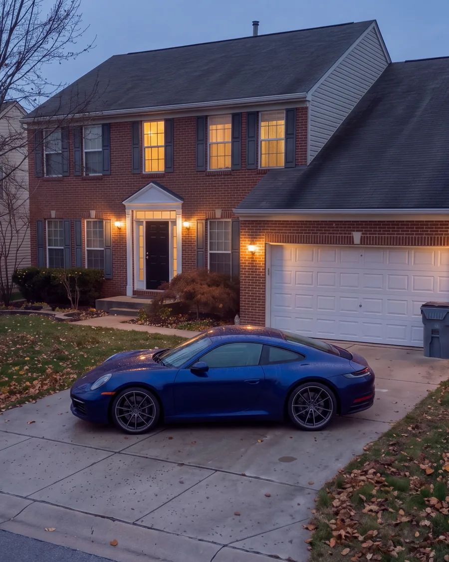The dark blue sports car in its wet driveway at blue hour, the porch and garage lights on