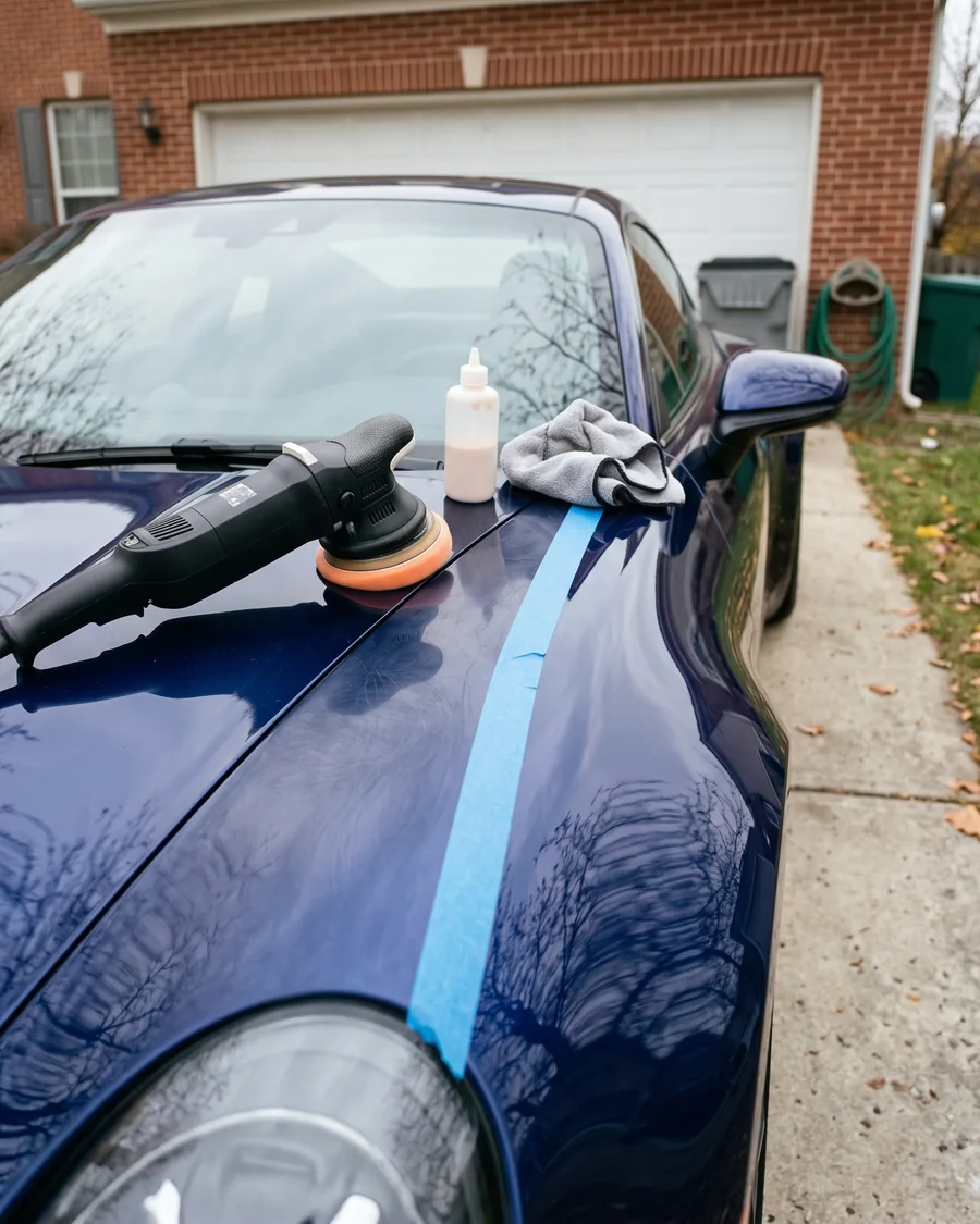 A car polisher with an orange pad and a grey towel on a dark blue fender split by a strip of blue tape
