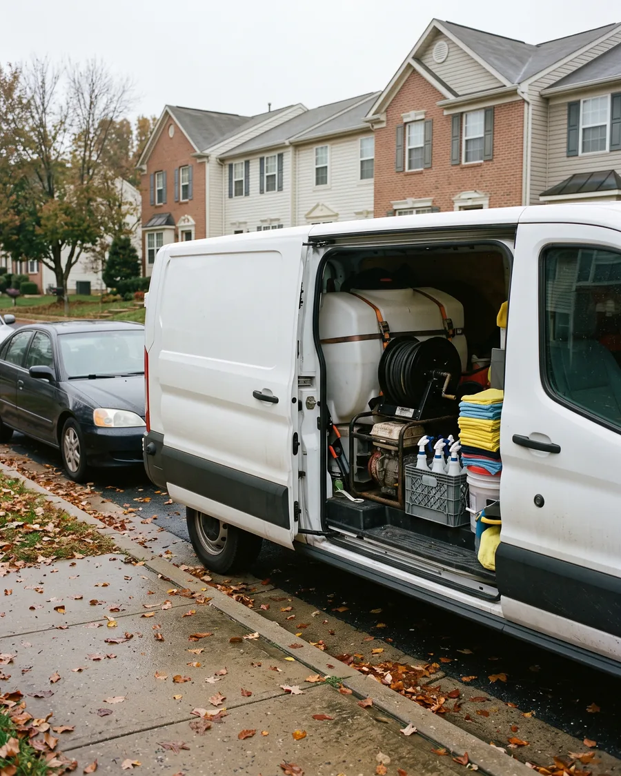 An unmarked white van at a townhouse curb, its side door open on a water tank, hose reel and generator